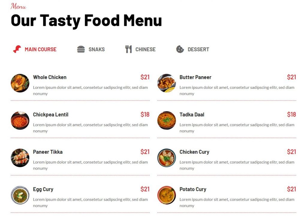 Price list menu Introducing Free Restaurant Joomla Template Kit for JD Builder Pro