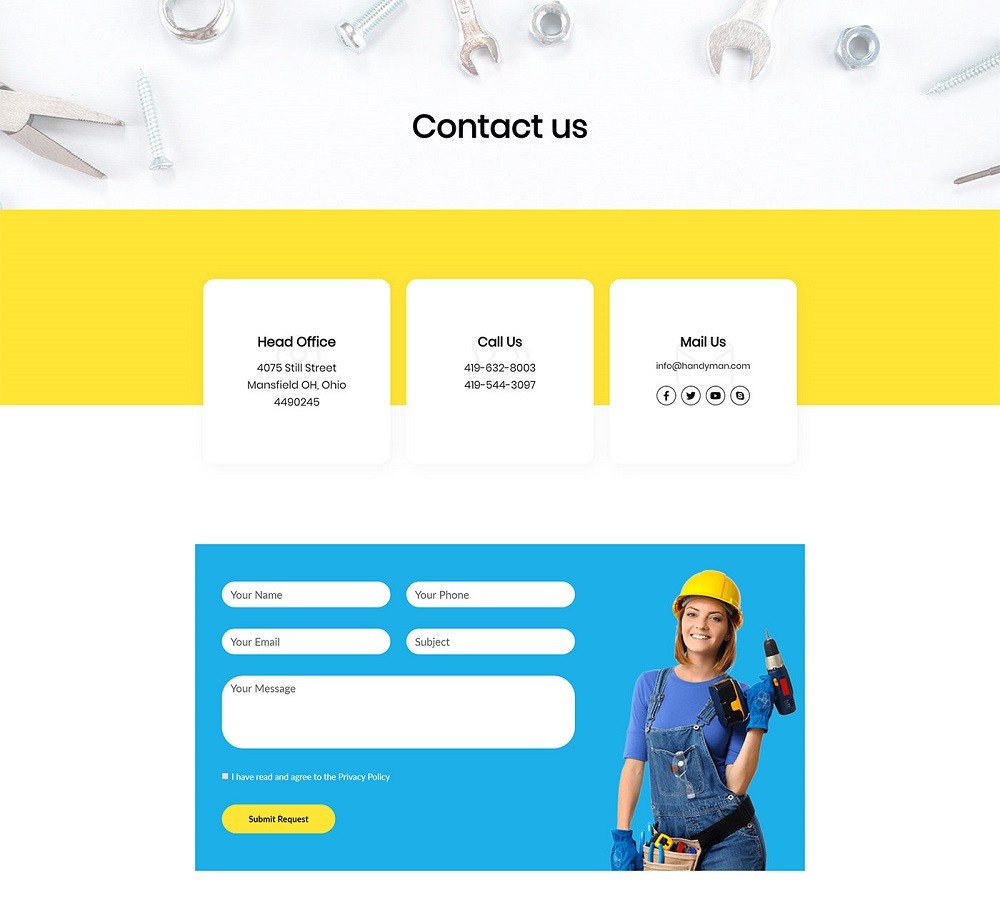 Contact us page Introducing Handyman Template - Free Handyman Website Template Kit for JD Builder Pro