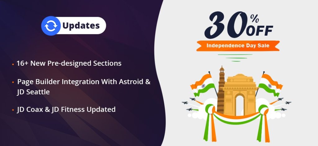 Summer & Independence Day Sale - 30% OFF, New Predesigned Sections in JD Builder & Updates on Astroid & Joomla Templates Summer & Independence Day Sale
